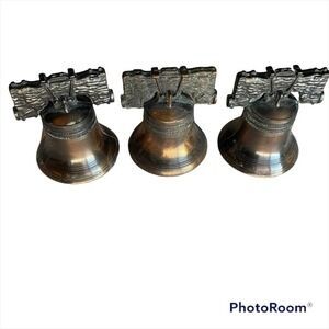 Brass Liberty Bell Set of 3 Bronze Patina Pass and Stone Vtg 1970’s Miniature